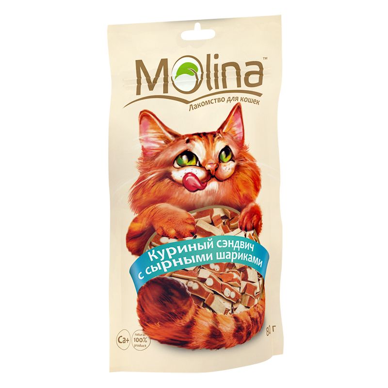Лакомство для кошек Molina куриный сэндвич с сырными шариками 0,08 кг.